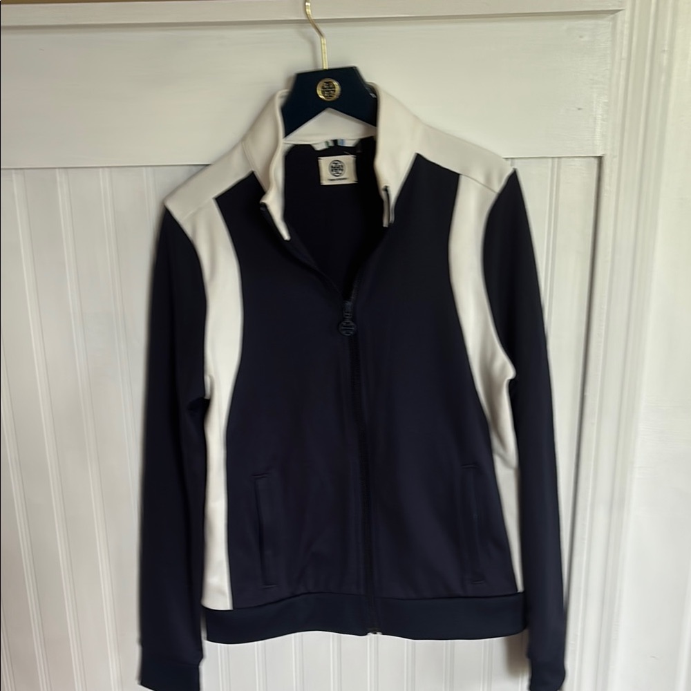 Tory Sport Navy and White Track Jacket with Color-Blocking Design